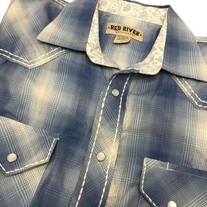 Red River Outfitters Shirt Mens Large Blue Plaid Western Pearl Snap Cowboy